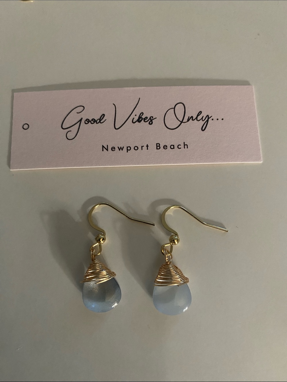 Good Vibes 😎 Only Gold Wire-Wrapped Blue Teardrop Earrings —